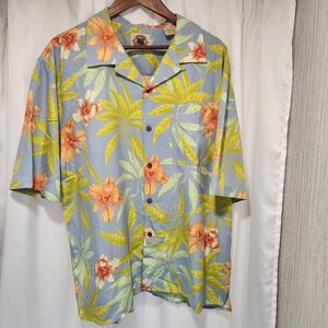 Hawaiian Shirt Pussers West Indies Mens Button L Floral Short Sleeve Silk Blend‎